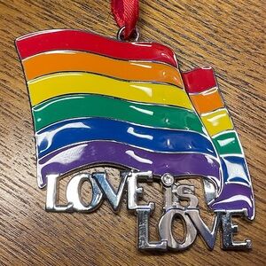 Metal Love is Love Ornament with Red Ribbon